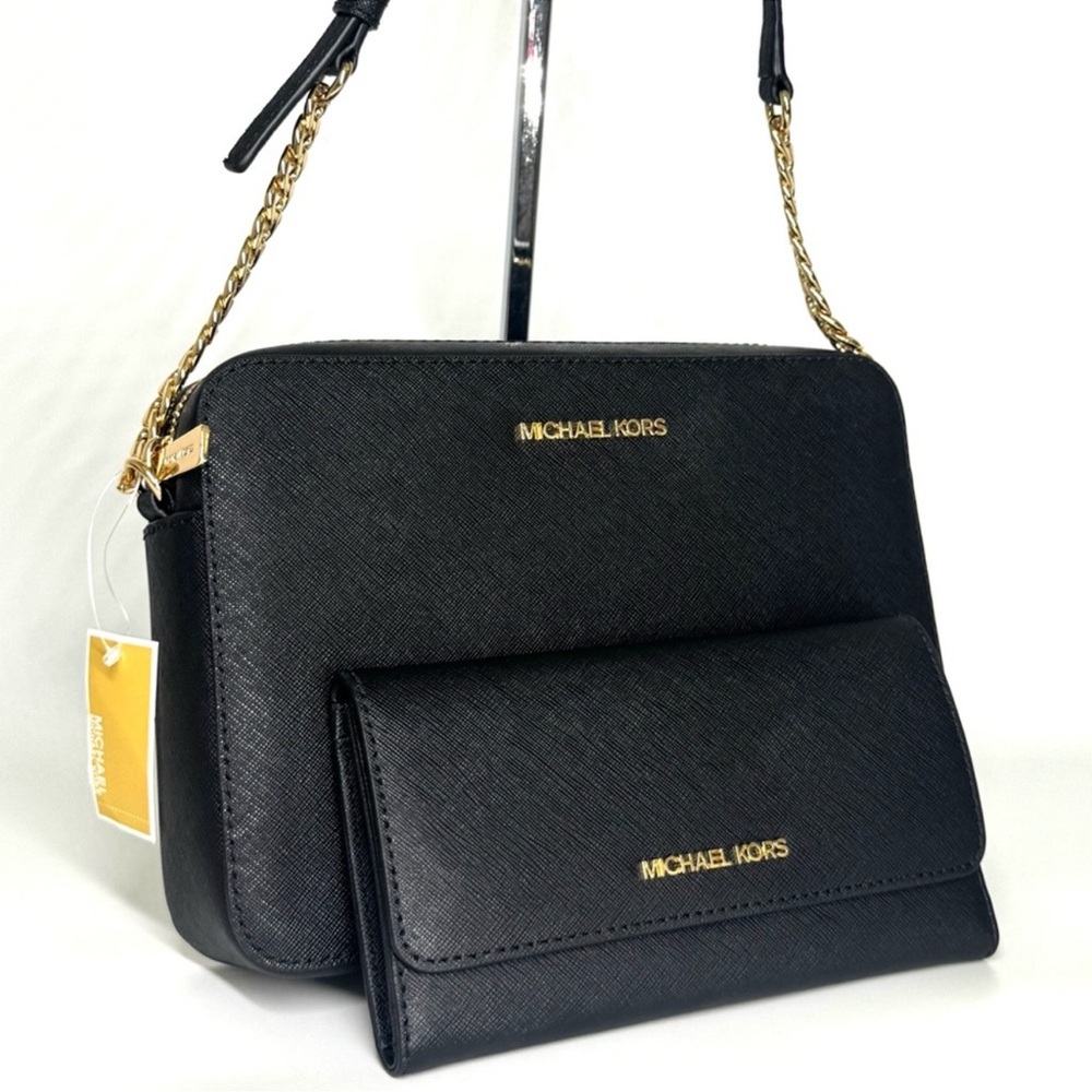 Michael Kors Jet Set Large Logo Crossbody Bag & Matching Trifold Wallet Black - Picture 3 of 11